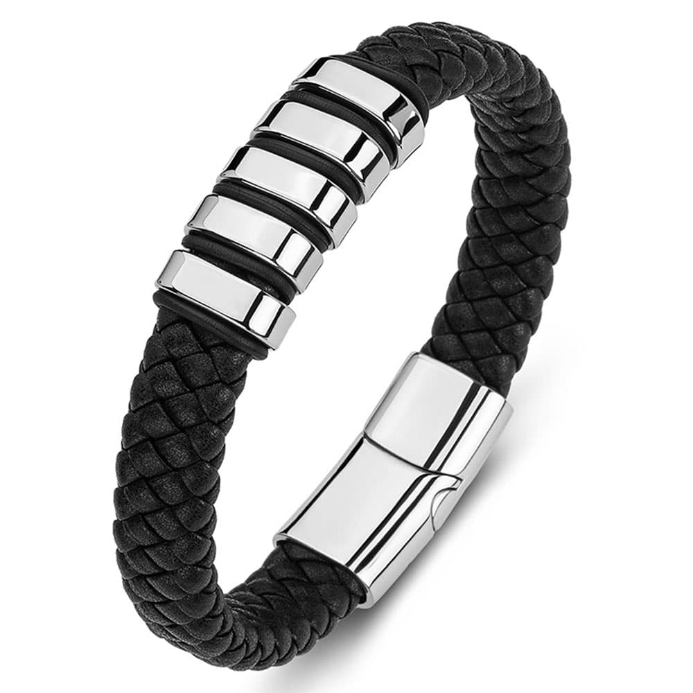 Unisex minimalist black braided genuine leather bracelet with four polished silver-tone stainless steel slider beads and a secure magnetic clasp.