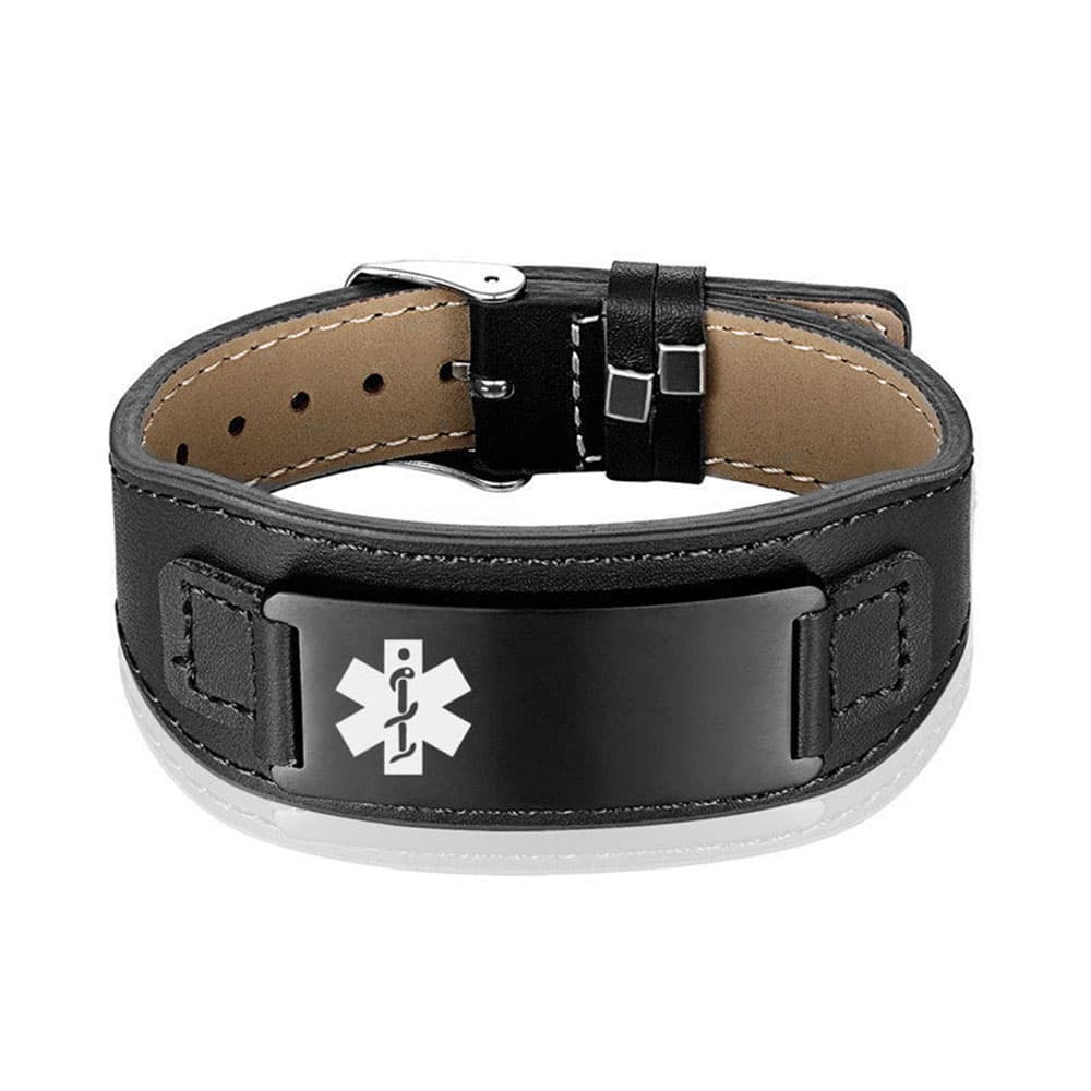 Black genuine leather medical ID alert bracelet for men with a black ion-plated stainless steel customizable plate and white Star of Life symbol.