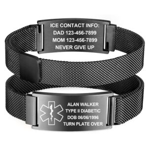 Black stainless steel mesh medical ID alert bracelet with a magnetic closure showing customizable front and back laser engraving.