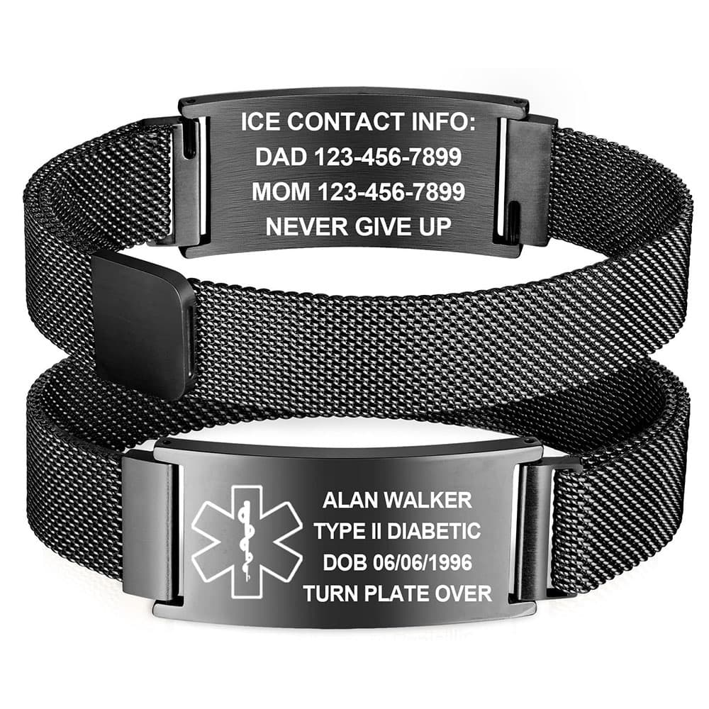 Black stainless steel mesh medical ID alert bracelet with a magnetic closure showing customizable front and back laser engraving.