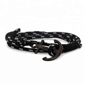 Black and white multi-wrap nautical rope bracelet with a black 316L stainless steel anchor hook engraved with LOVE.