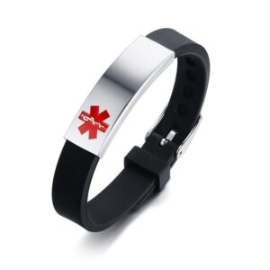Black silicone medical ID bracelet featuring an adjustable watch buckle strap and a high-polished curved stainless steel plate with a red medical alert symbol.