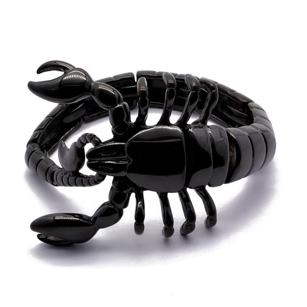 Sleek black ion-plated 316L stainless steel men's scorpion bracelet for punk, gothic, and alternative fashion.