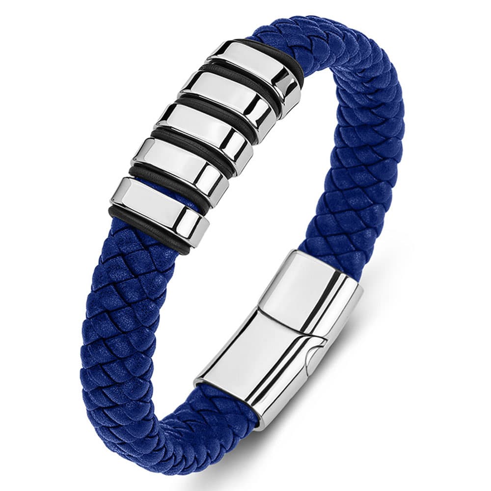 Unisex blue braided genuine leather bracelet featuring silver-finished stainless steel accent rings and a polished magnetic closure.