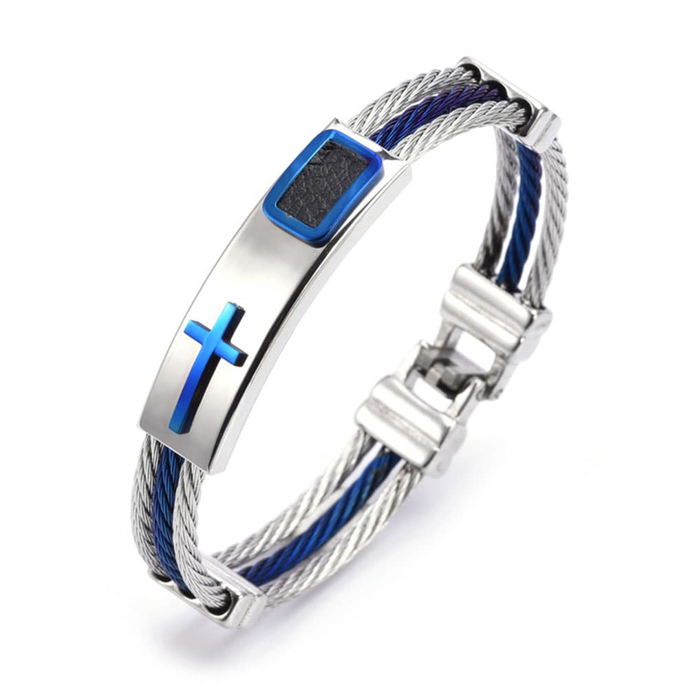 Blue and silver men's 316L stainless steel Christian cross bracelet with blue-accented cable wires and folding lock clasp.