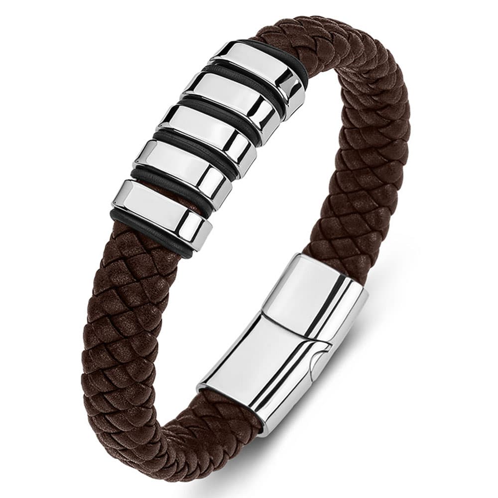 Unisex dark brown braided genuine leather bracelet with polished silver stainless steel slider rings and a matching magnetic clasp.