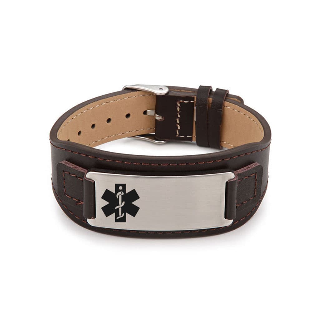 Dark brown genuine leather medical alert ID bracelet featuring a brushed silver stainless steel engravable plate with a black medical symbol.