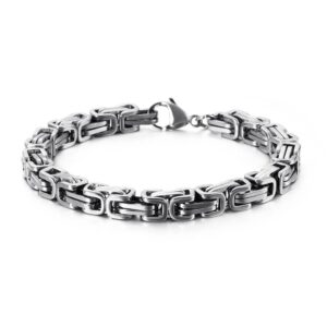 Chunky stainless steel byzantine chain bracelet in a high-polished classic silver finish with a sturdy lobster claw clasp.