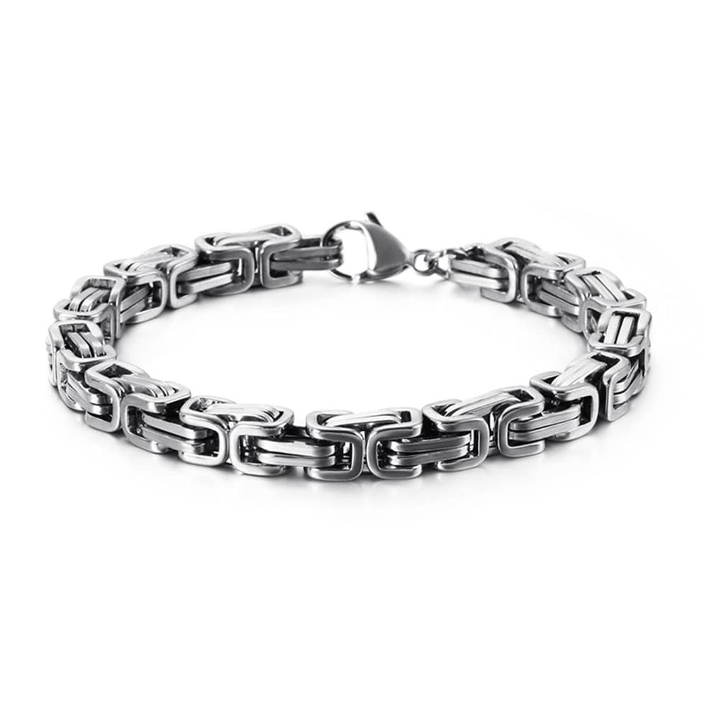 Chunky stainless steel byzantine chain bracelet in a high-polished classic silver finish with a sturdy lobster claw clasp.