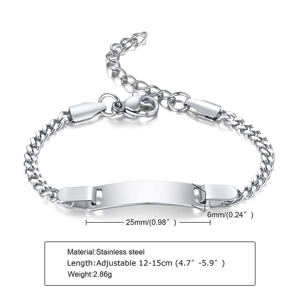 Silver baby engravable ID bar bracelet diagram showcasing dimensions: 25mm bar length, 12-15cm adjustable chain, and 2.86g lightweight design.