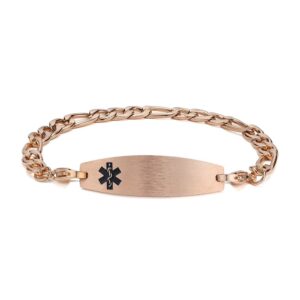 Custom engravable unisex rose gold stainless steel Figaro chain medical alert ID bracelet with black enamel Star of Life symbol.