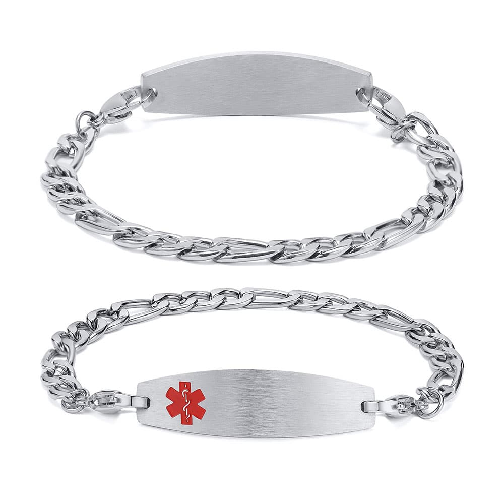 Front and back view of silver stainless steel Figaro chain medical alert ID bracelet showing red Star of Life symbol and blank engravable plate.