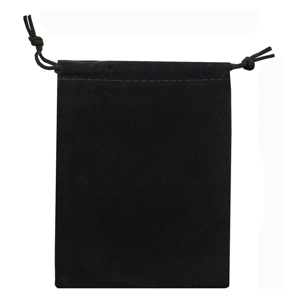 Flat lay view of a single blank black velvet drawstring pouch, perfect for custom minimalist logo printing mockups.