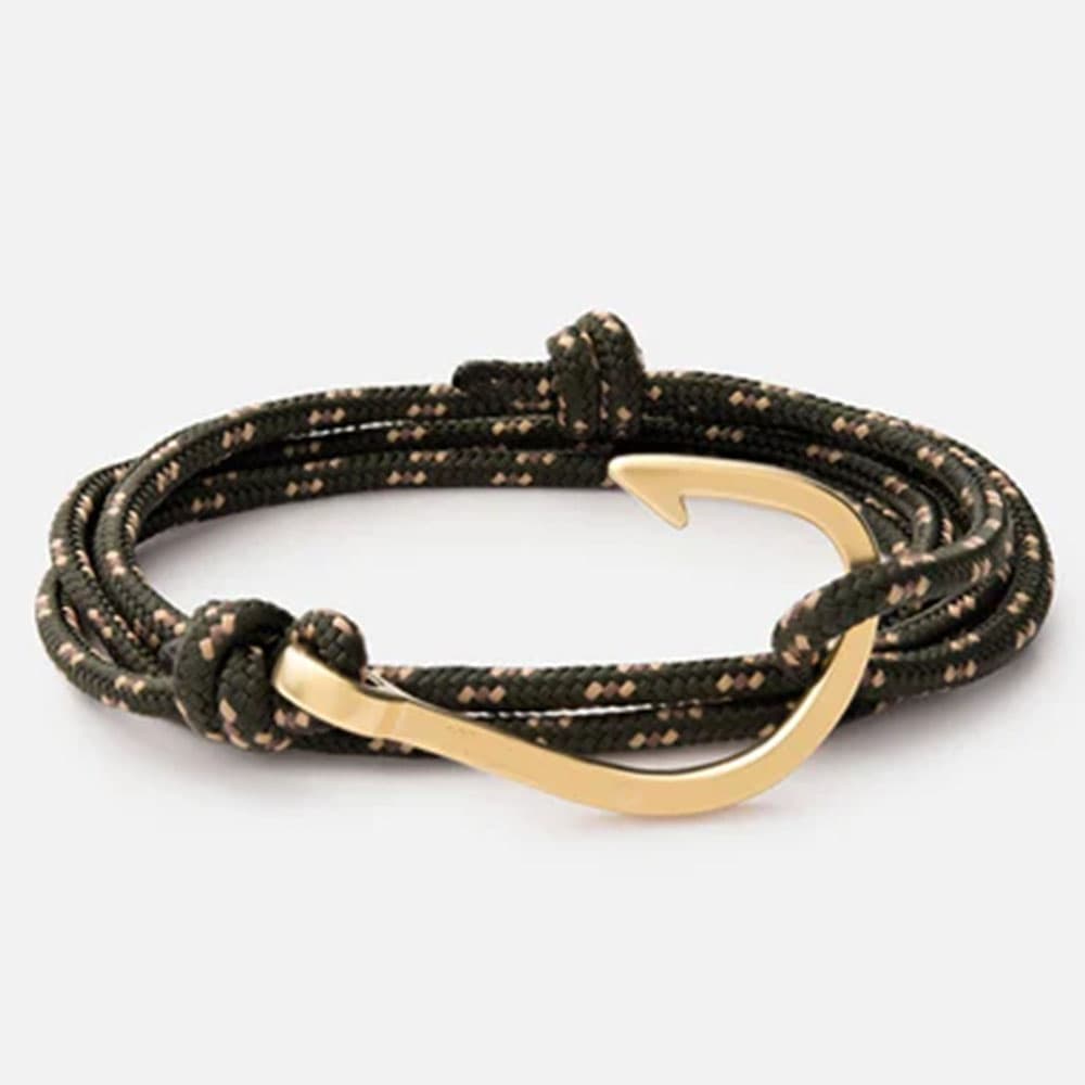 Custom logo gold 316L stainless steel hook bracelet with army green tactical paracord rope.