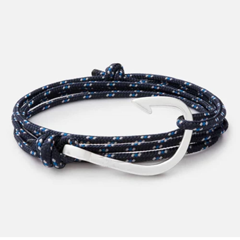 Custom logo silver 316L stainless steel fish hook bracelet with adjustable navy blue and white nautical rope.