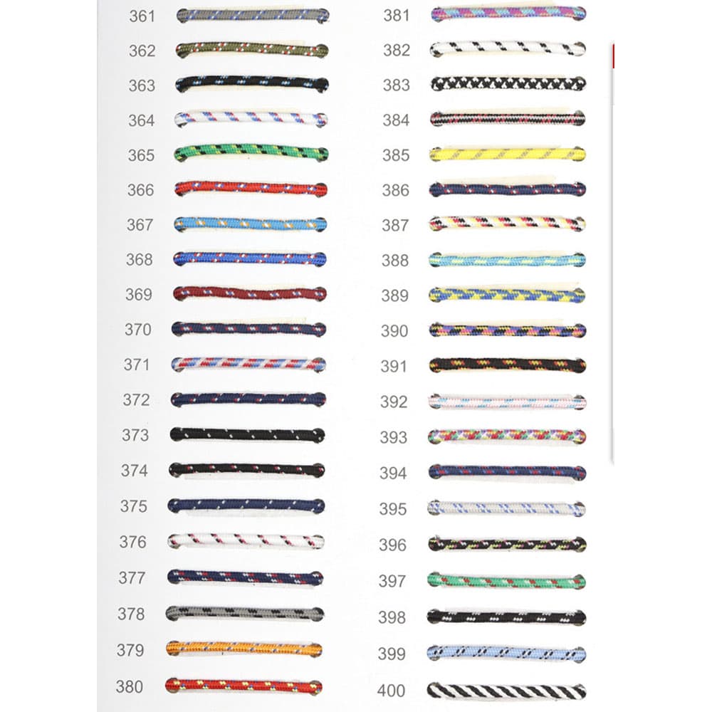 Color catalog sheet displaying dozens of custom braided nylon cord patterns and colors for wholesale anchor bracelets.