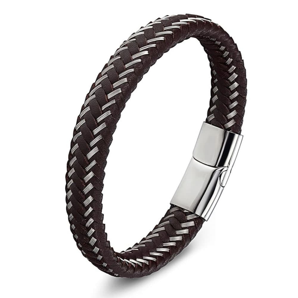 Men's braided brown genuine leather bracelet interwoven with silver stainless steel wire and a polished silver magnetic clasp.