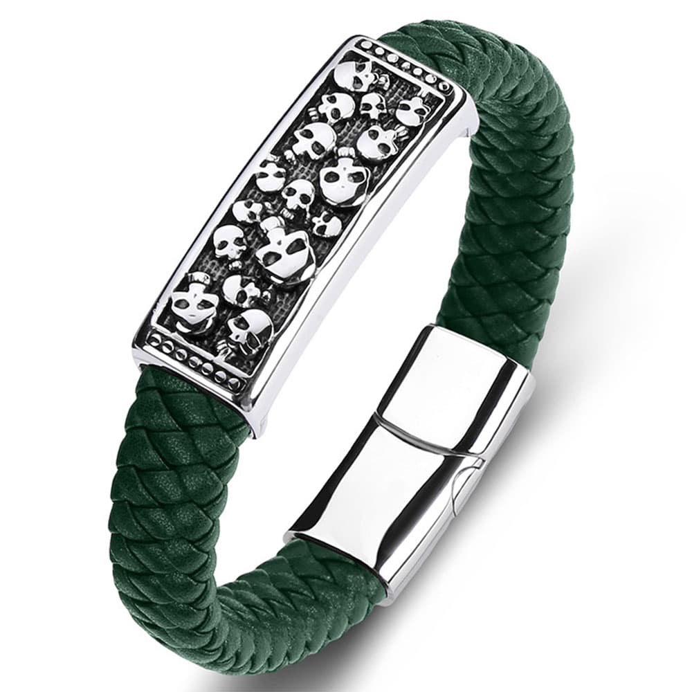 Unique emerald green braided genuine leather bracelet accented with a silver stainless steel skull head bar and magnetic buckle.