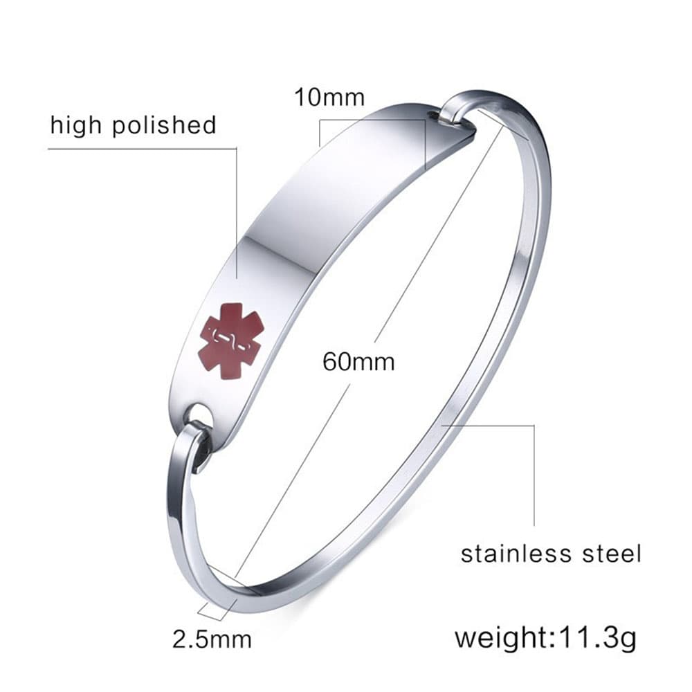 Silver stainless steel medical ID bracelet showing technical dimensions including 10mm plate width, 60mm diameter, and a weight of 11.3g.