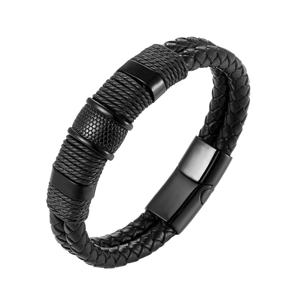 All-black men's double-layer braided genuine leather bracelet with black PVD-coated stainless steel accent beads and magnetic clasp.
