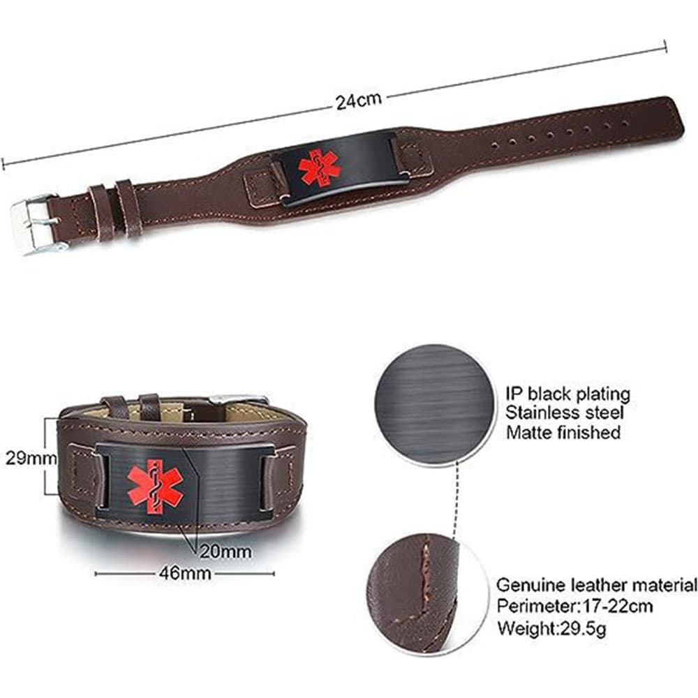 Sizing diagram for a leather medical ID bracelet outlining dimensions including a 24cm total length, 29mm strap width, and a weight of 29.5g.