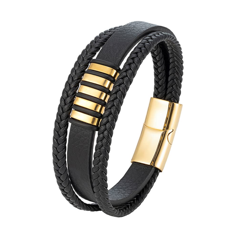 Men's black multi-strand genuine leather bracelet featuring four polished 18K gold-plated engravable steel beads and a gold magnetic clasp.