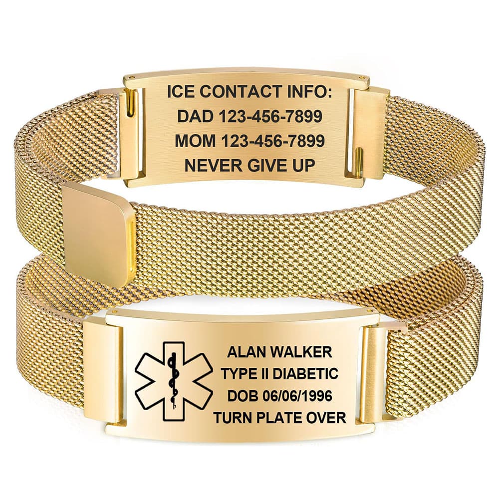 18K gold-plated stainless steel mesh medical ID bracelet with customized engraving and an adjustable magnetic closure.