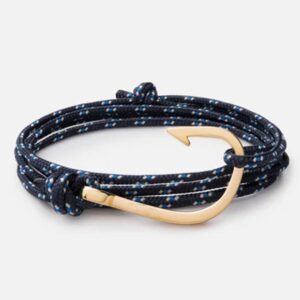 Luxurious gold-plated 316L stainless steel fish hook bracelet with navy blue braided sailing rope for custom logo branding.
