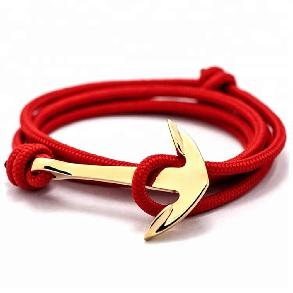 Vibrant red adjustable nylon cord wrap bracelet accented by a luxurious gold-plated stainless steel anchor hook.