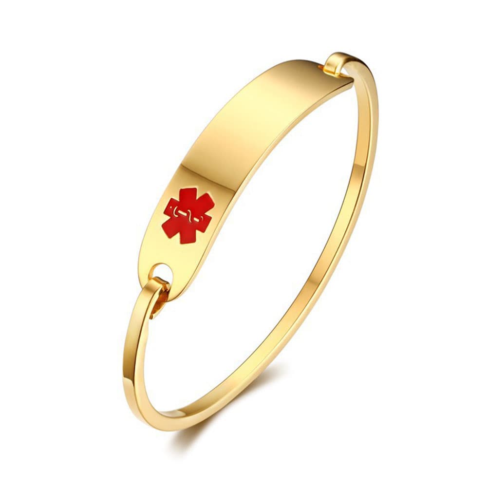 Personalized 18K gold-plated stainless steel medical ID alert bracelet with a blank engravable nameplate and a red Star of Life symbol.