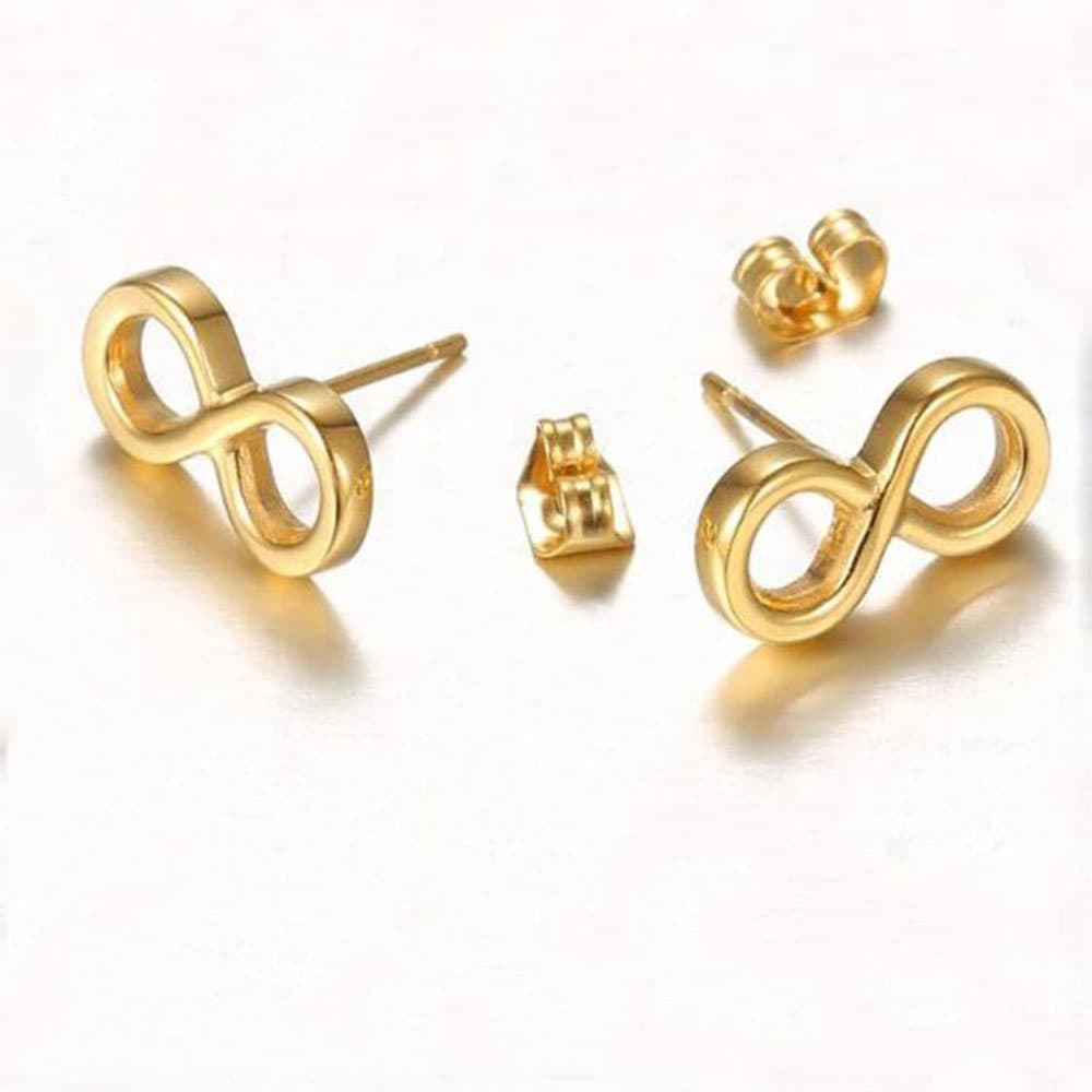 18K yellow gold-plated stainless steel infinity stud earrings displayed flat with matching secure push-back closures.