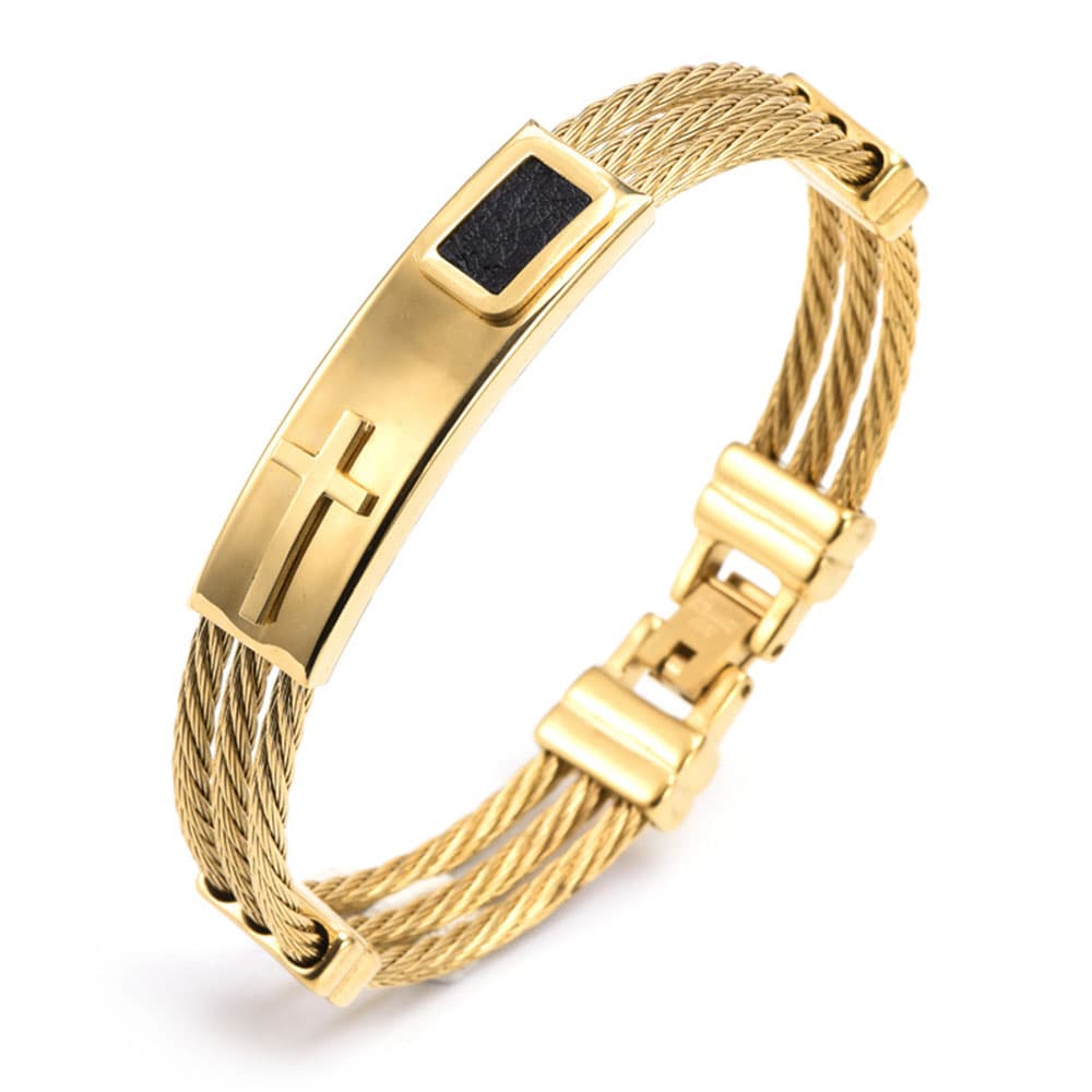 All-gold plated 316L stainless steel men's three-row cable wire Christian cross bangle with a black textured inlay.