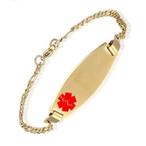 Gold-plated stainless steel medical alert ID bracelet with a Figaro chain and an engravable oval plate featuring a red Star of Life symbol.