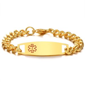 18K gold-plated 316L stainless steel medical alert ID chain bracelet with a polished custom engraving plate and a red Star of Life symbol.