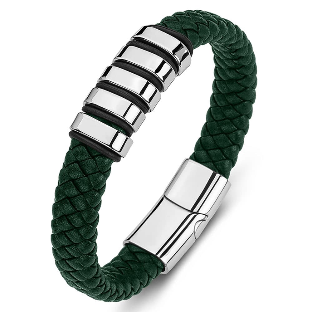 Unisex dark green braided genuine leather bracelet with silver-tone stainless steel sliding beads and a secure magnetic clasp.