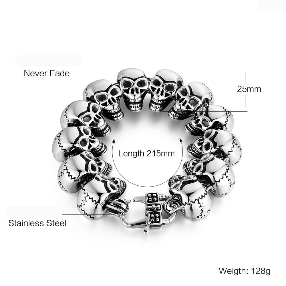 Top-down infographic view of the chunky stainless steel skull chain bracelet detailing its 215mm length, 25mm width, and 128g weight.