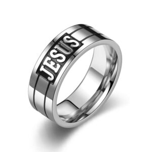 High polished silver 316L stainless steel Christian ring featuring double accent grooves and bold black enamel JESUS letter engraving.
