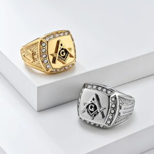 Gold and silver men's hip hop masonic signet rings made of stainless steel with iced out CZ crystals around the Freemason emblem.