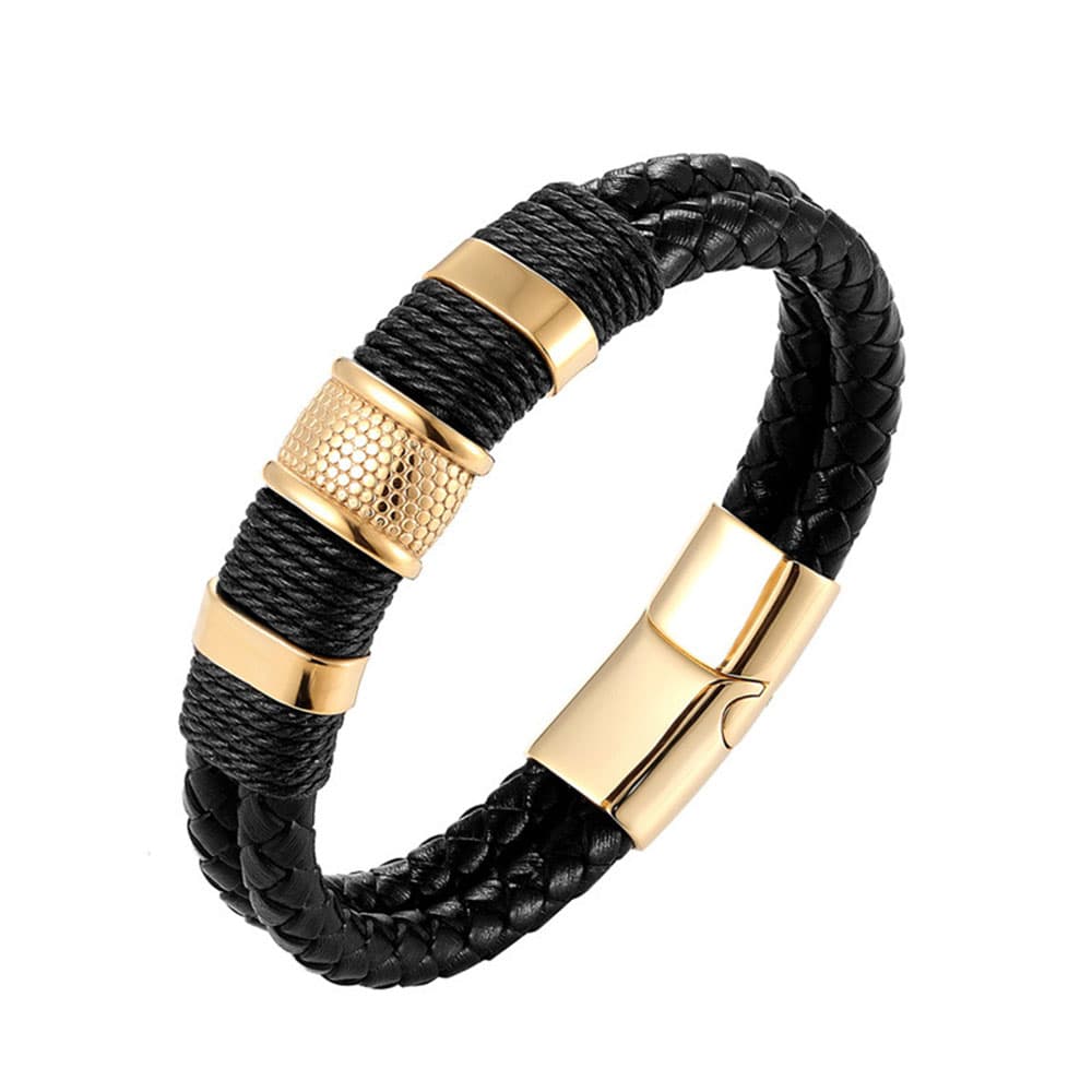 Luxury men's double-strand black genuine leather wristband with 18K gold-plated stainless steel accent rings and magnetic clasp.