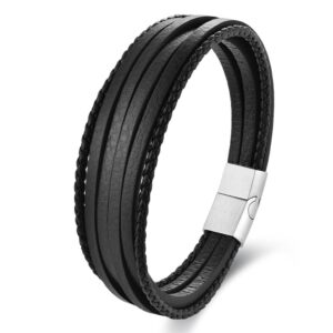 Luxury men's multi-layer black genuine leather braided wristband bracelet with a brushed silver 316L stainless steel magnetic clasp.