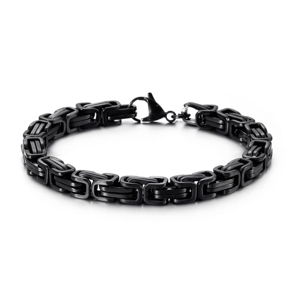 Edgy black stainless steel byzantine chain bracelet featuring a sleek matte finish and durable interlocking woven links.