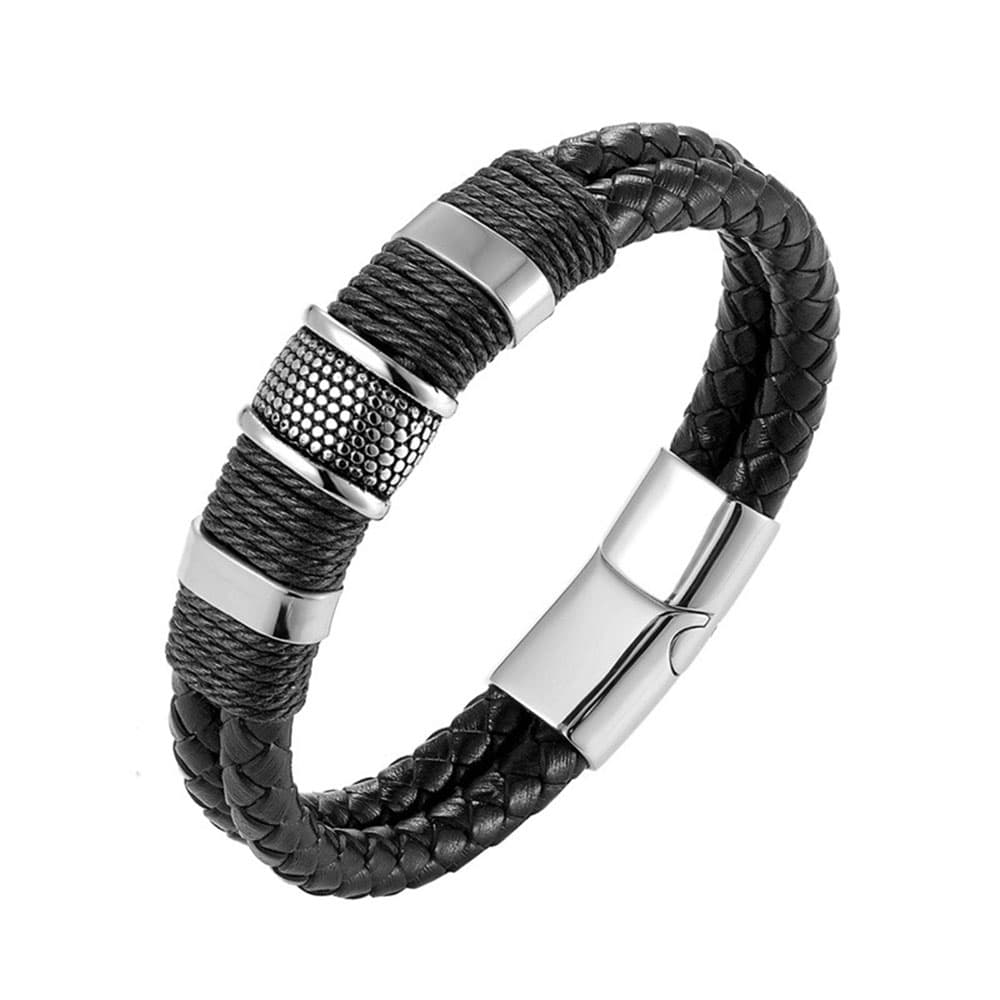 Men's double-layer black braided leather bracelet featuring polished silver 316L stainless steel spacer beads and a magnetic closure.