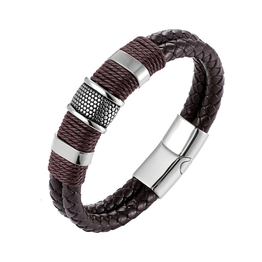 Men's dark brown double-layer braided genuine leather bracelet featuring polished silver stainless steel beads and magnetic clasp.