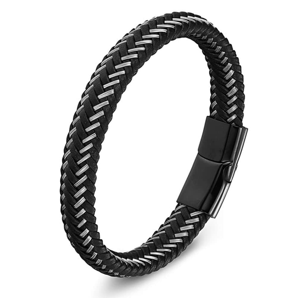 Men's minimalist black genuine braided leather bracelet woven with silver stainless steel wire and finished with a matte black magnetic clasp.