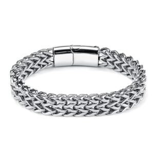 Men's double-layer stainless steel wheat chain bracelet in polished silver with a sleek rectangular slide-lock clasp.
