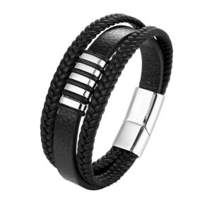 Men's triple-stacked black genuine leather bracelet featuring four polished silver engravable stainless steel beads and a matching silver magnetic clasp.