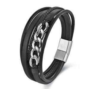 Men's multi-layer black genuine leather wrap bracelet featuring a polished silver-tone stainless steel Cuban link chain accent and a brushed magnetic clasp.
