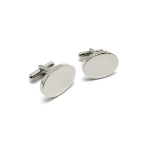 Pair of polished silver-tone stainless steel oval cufflinks featuring a blank, flat surface ready for custom engraving.