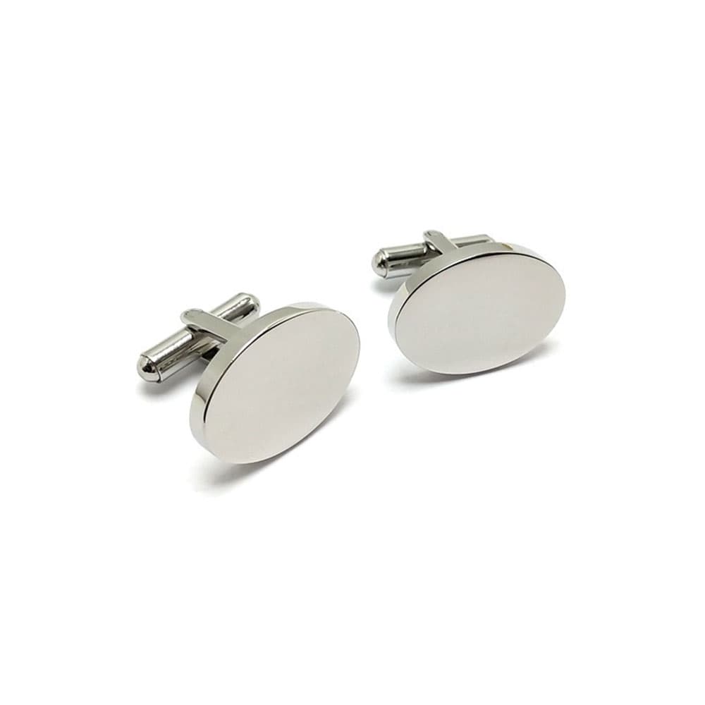 Pair of polished silver-tone stainless steel oval cufflinks featuring a blank, flat surface ready for custom engraving.