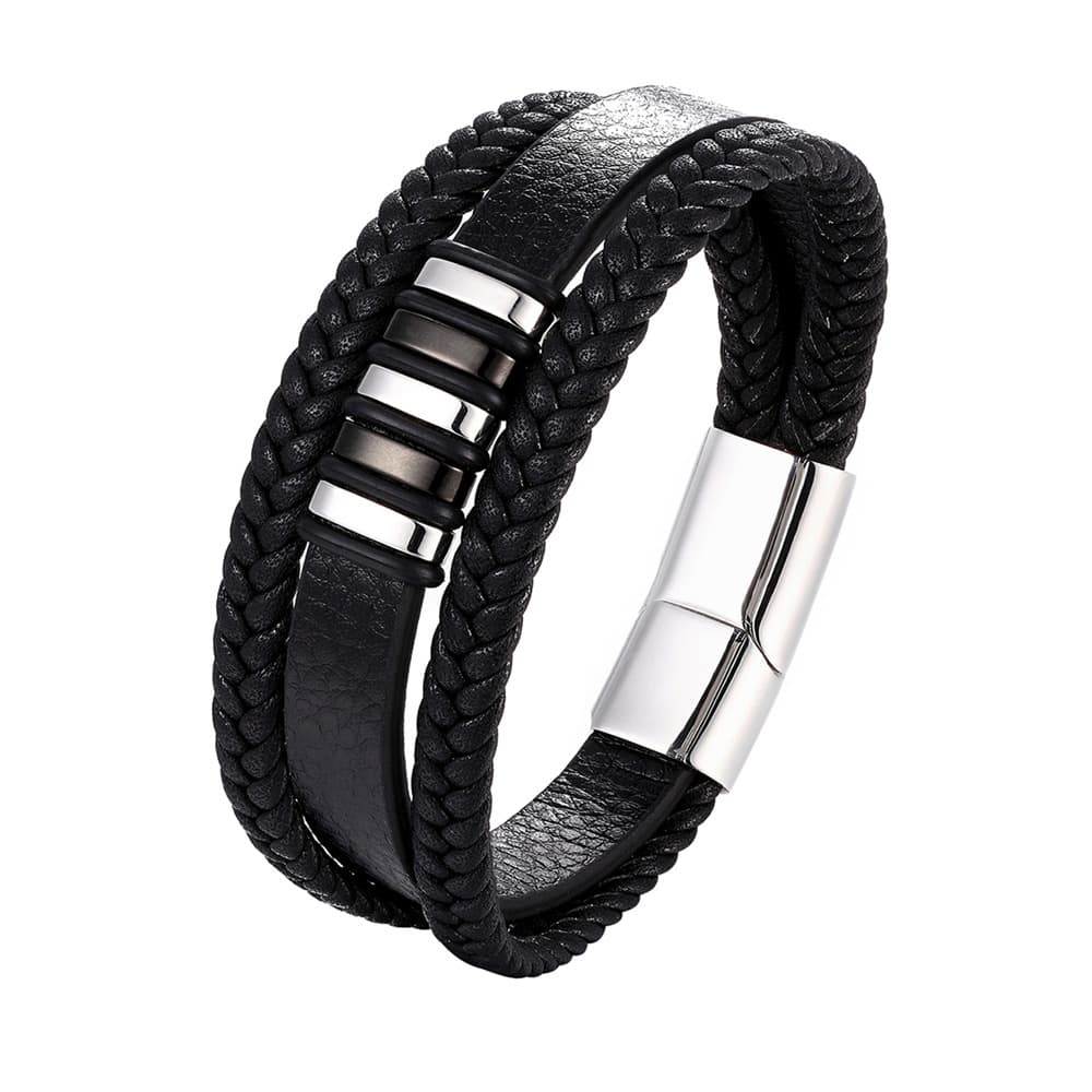 Men's multi-strand black leather cuff featuring alternating silver and gunmetal engravable steel rings with a polished silver magnetic clasp.